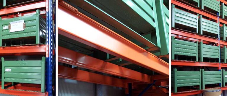 Scaffalatura porta pallets con terza trave centrale progettata per la sistemazione di contenitori metallici.